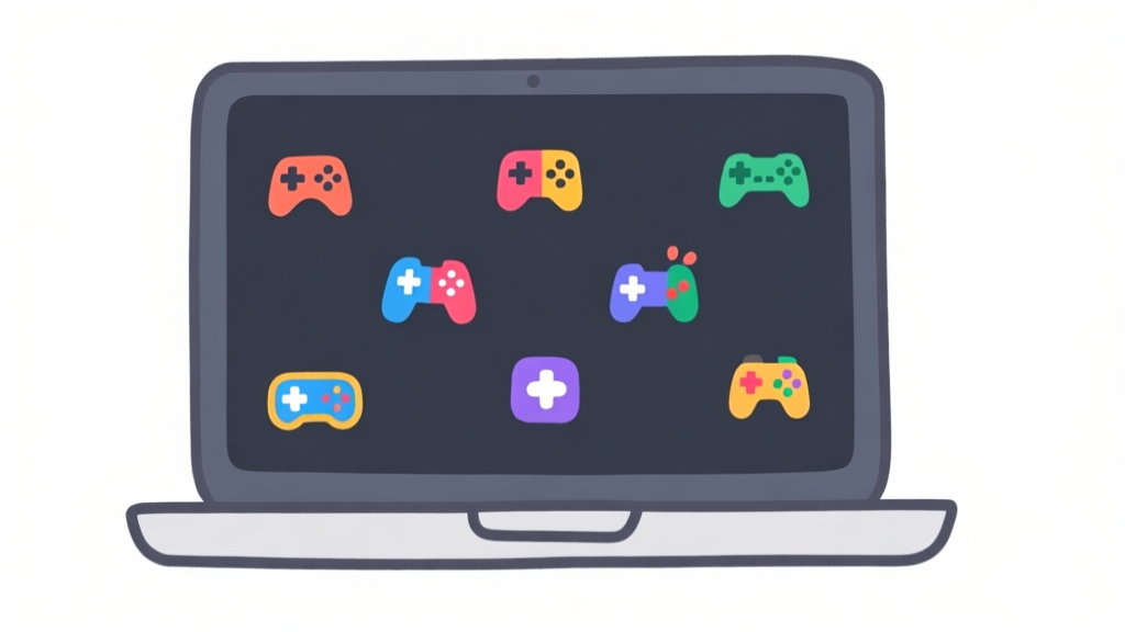 Ilustrasi laptop sederhana dengan layar menampilkan beberapa ikon game kecil yang berwarna-warni, latar belakang putih bersih, gaya minimalis, menunjukkan konsep "gaming pada perangkat terbatas". high quality illustration, detailed, 16:9