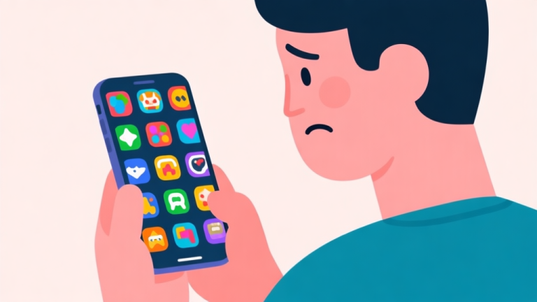 自动生成图片: Ilustrasi minimalis seorang pengguna melihat layar ponsel dengan banyak ikon game berwarna-warni, ekspresi bingung, latar belakang sederhana dengan warna pastel lembut, gaya flat design high quality illustration, detailed, 16:9