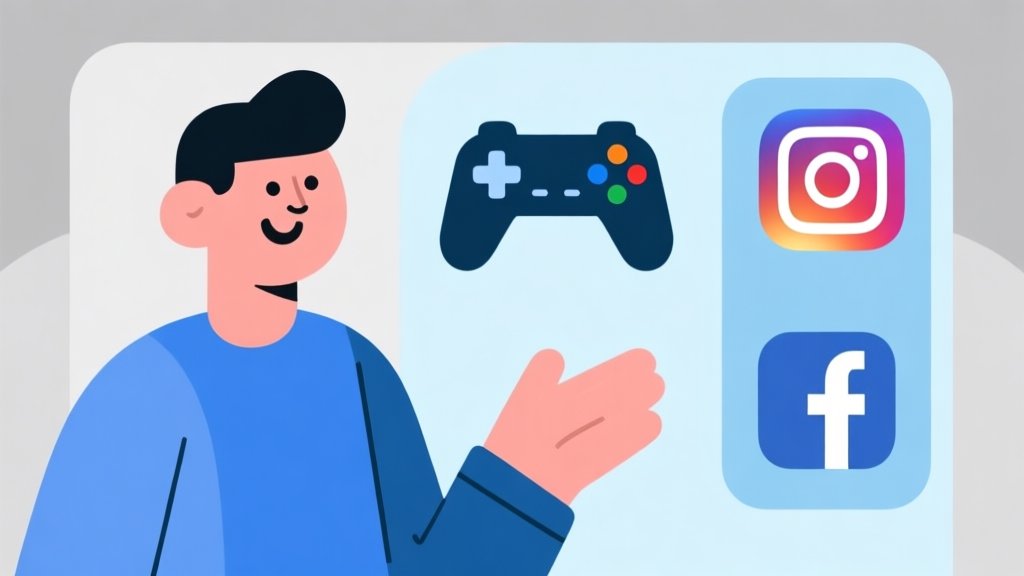 Ilustrasi minimalis seorang figur dengan karakteristik ramah dan familiar sedang berdialog dengan simbol-simbol game seperti joystick, ponsel, dan ikon media sosial, skema warna biru muda dan abu-abu, desain bersih dan profesional high quality illustration, detailed, 16:9