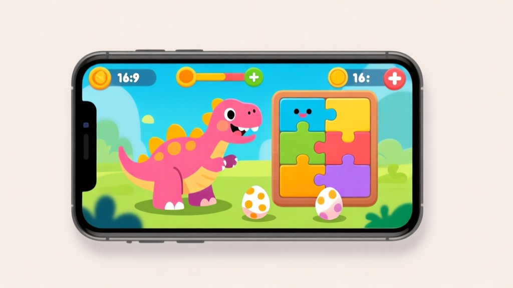 Ilustrasi ponsel dengan layar game berwarna-warni menampilkan dinosaurus kartun yang lucu dan telur-telur di papan puzzle, gaya seni digital yang cerah dan ramah, latar belakang sederhana high quality illustration, detailed, 16:9