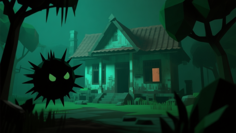 自动生成图片: Ilustrasi suasana horor game dengan nuansa gelap dan hijau, siluet kuntilanak di latar belakang rumah tua Indonesia, gaya artwork game 3D low-poly, atmosfer misterius dan tegang high quality illustration, detailed, 16:9