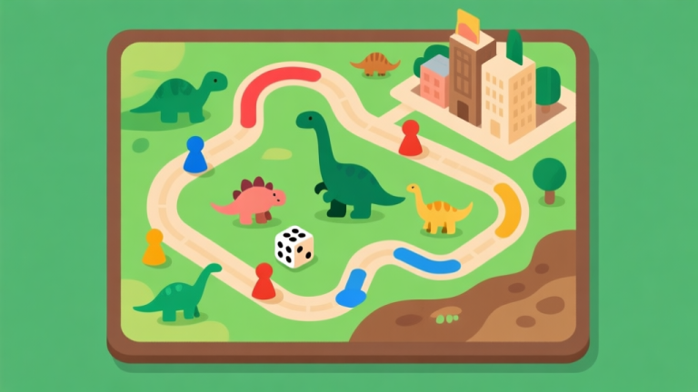 自动生成图片: Ilustrasi papan permainan Kota Dinosaur dengan jalur berwarna, beberapa pion dinosaurus kecil, dan dadu, gaya flat design yang bersih dengan palet warna hijau dan coklat bumi, visual game board minimalis high quality illustration, detailed, 16:9