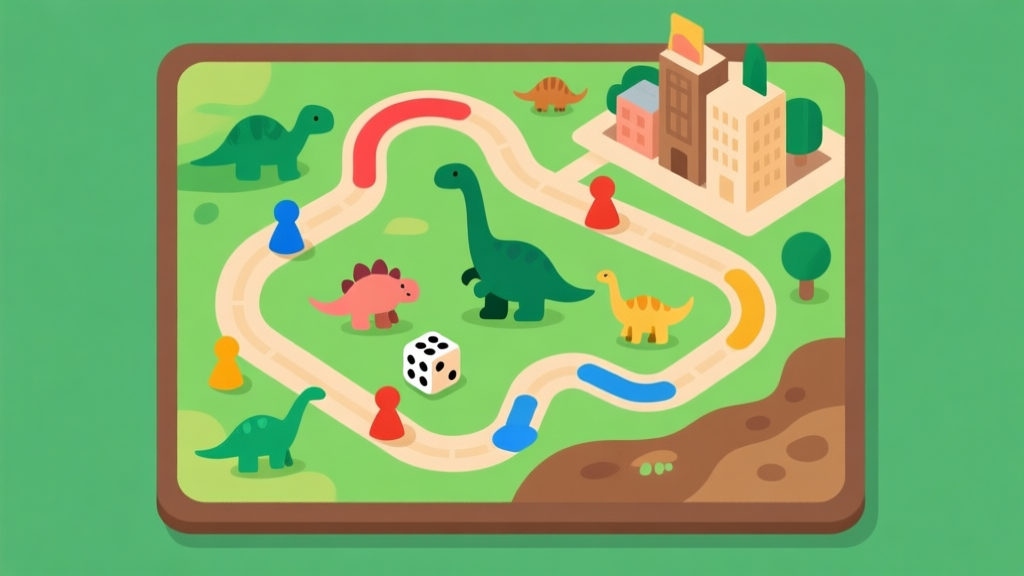 Ilustrasi papan permainan Kota Dinosaur dengan jalur berwarna, beberapa pion dinosaurus kecil, dan dadu, gaya flat design yang bersih dengan palet warna hijau dan coklat bumi, visual game board minimalis high quality illustration, detailed, 16:9