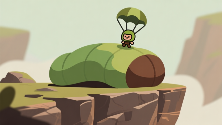 自动生成图片: Ilustrasi minimalis item game berbentuk bantalan empuk berwarna hijau dan coklat (organic), diletakkan di dasar tebing batu, dengan karakter kecil di atasnya yang baru saja mendarat dengan aman, gaya clean vector, warna earth tone high quality illustration, detailed, 16:9