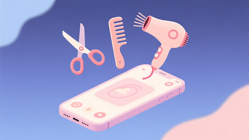 Ilustrasi grafis minimalis dengan ikon gunting, sisir, dan pengering rambut melayang di atas dashboard smartphone, skema warna pastel lembut, gaya desain bersih, konsep game simulasi high quality illustration, detailed, 16:9