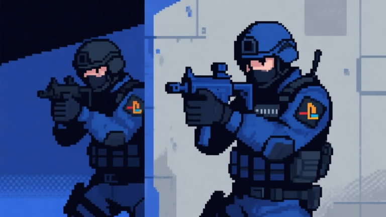 自动生成图片: Ilustrasi gaya game PlayStation 2 dengan karakter SWAT dalam posisi taktis di balik cover, warna dominan biru gelap dan abu-abu, nuansa retro pixel art yang halus high quality illustration, detailed, 16:9