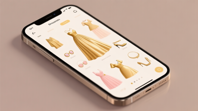自动生成图片: Ilustrasi layar smartphone dengan antarmuka game dress-up yang elegan, menunjukkan berbagai pilihan gaun dan aksesori, warna dominan emas dan pastel, gaya minimalis dan modern high quality illustration, detailed, 16:9