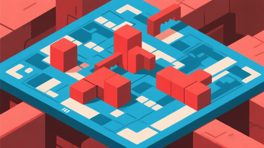 Ilustrasi konsep game abstrak dengan papan permainan yang kompleks dan hambatan berwarna merah, skema warna biru dan merah tua, desain minimal bersih, gaya visual puzzle yang menantang high quality illustration, detailed, 16:9