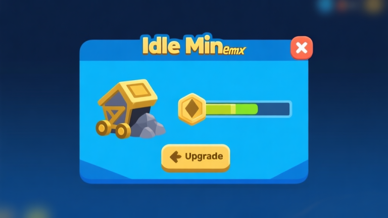 自动生成图片: Ilustrasi minimalis antarmuka game Idle Mine Remix, menunjukkan ikon tambang, tombol upgrade, dan bar progres sumber daya, dengan skema warna biru dan emas, gaya desain bersih high quality illustration, detailed, 16:9