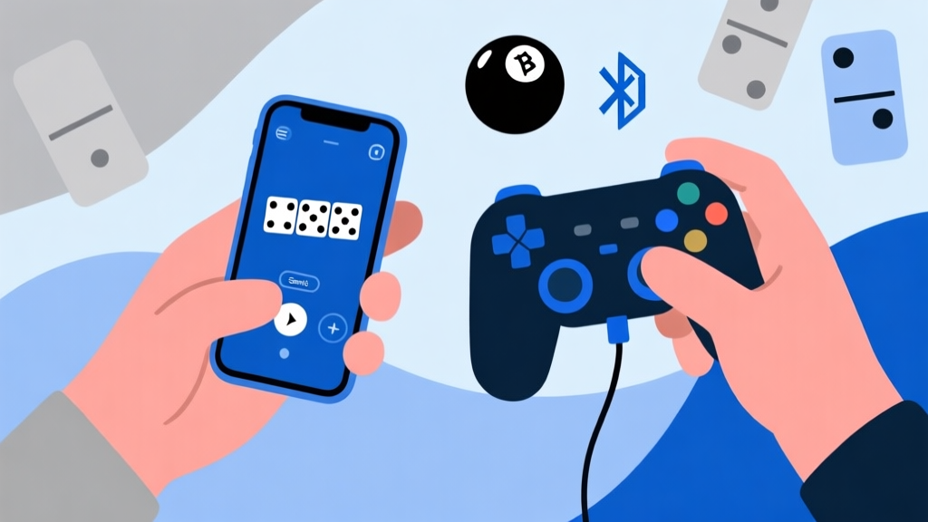 Ilustrasi dua tangan memegang ponsel, satu dengan kontrol sentuh di layar untuk domino, dan satu lagi dengan gamepad Bluetooth yang terhubung, latar belakang abstrak dengan simbol domino dan bola biliar, gaya minimalis, skema warna biru dan abu-abu yang tenang high quality illustration, detailed, 16:9
