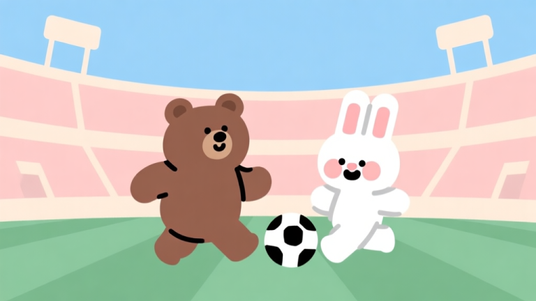自动生成图片: Ilustrasi minimalis dengan karakter hewan kartun seperti beruang dan kelinci dalam pose bermain sepak bola, latar belakang stadion sederhana, warna pastel, gaya retro PS2 high quality illustration, detailed, 16:9