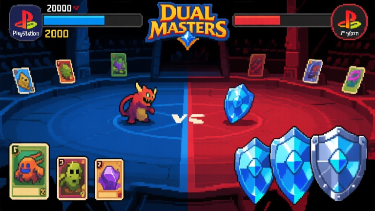 自动生成图片: Layar gameplay Duel Masters PS2 yang menunjukkan arena duel, beberapa kartu makhluk di sisi pemain, dan lima kristal perisai di sisi lawan, gaya grafis PlayStation 2 era 2000-an, warna agak gelap dengan aksen biru dan merah high quality illustration, detailed, 16:9