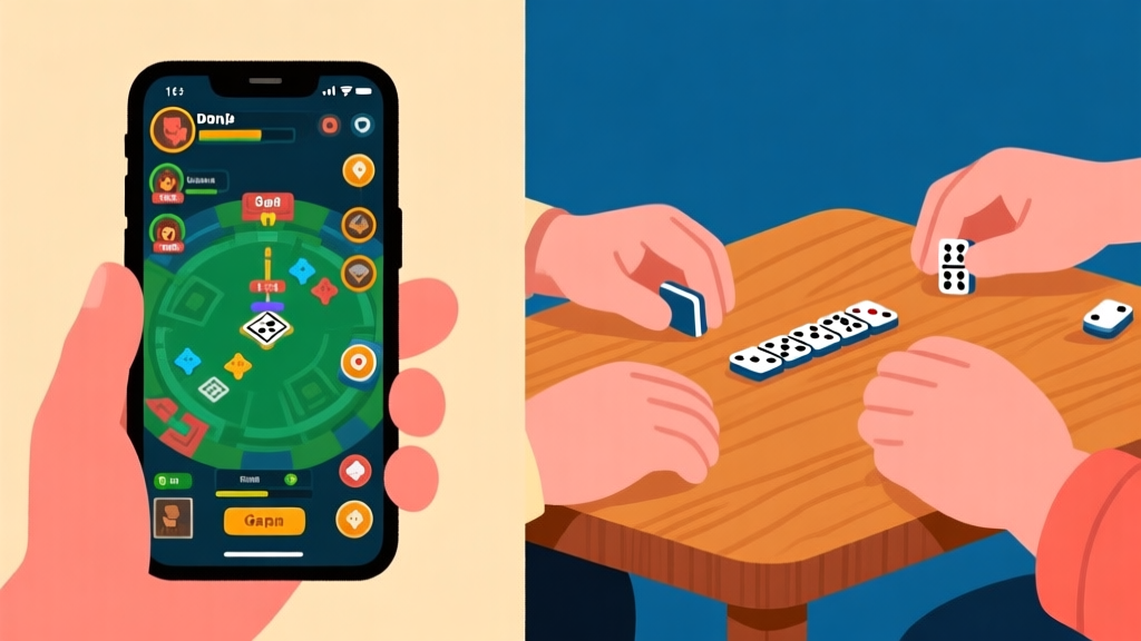 Ilustrasi dua sisi yang kontras: satu sisi menunjukkan layar ponsel dengan antarmuka game strategi digital yang kompleks, sisi lain menunjukkan tangan-tangan sedang bermain domino gaple di atas meja kayu. Warna hangat dan dingin yang terpisah, gaya ilustrasi flat yang minimalis high quality illustration, detailed, 16:9