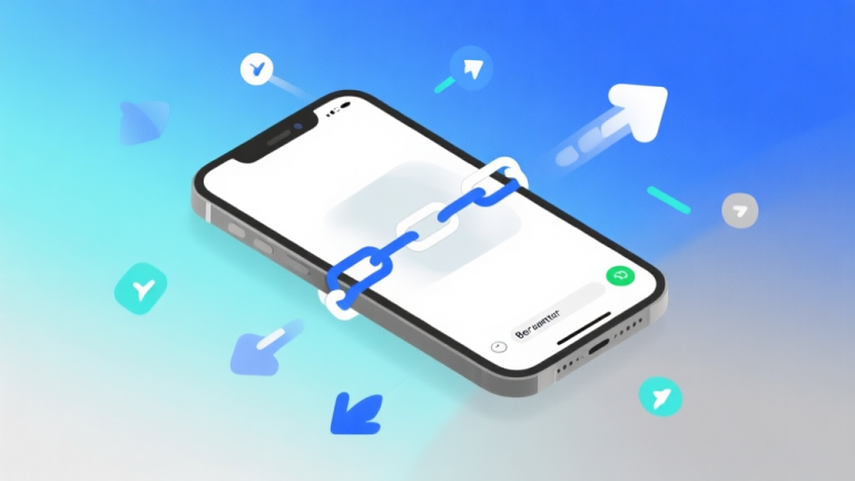 自动生成图片: Ilustrasi minimalis ponsel dengan pesan berantai yang terlihat samar-samar, latar belakang gradien biru muda dan abu-abu, desain bersih dengan ikon panah yang menyebar, gaya infografis modern high quality illustration, detailed, 16:9