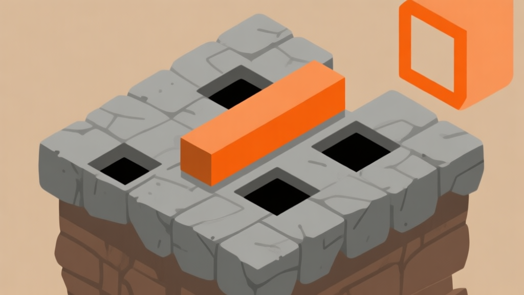 Ilustrasi peta game Bloxorz Level 9 dengan balok persegi panjang di atas platform batu abu-abu, beberapa lubang hitam terlihat, dan lubang tujuan berwarna oranye di kejauhan, gaya minimalis dengan warna earth tone high quality illustration, detailed, 16:9
