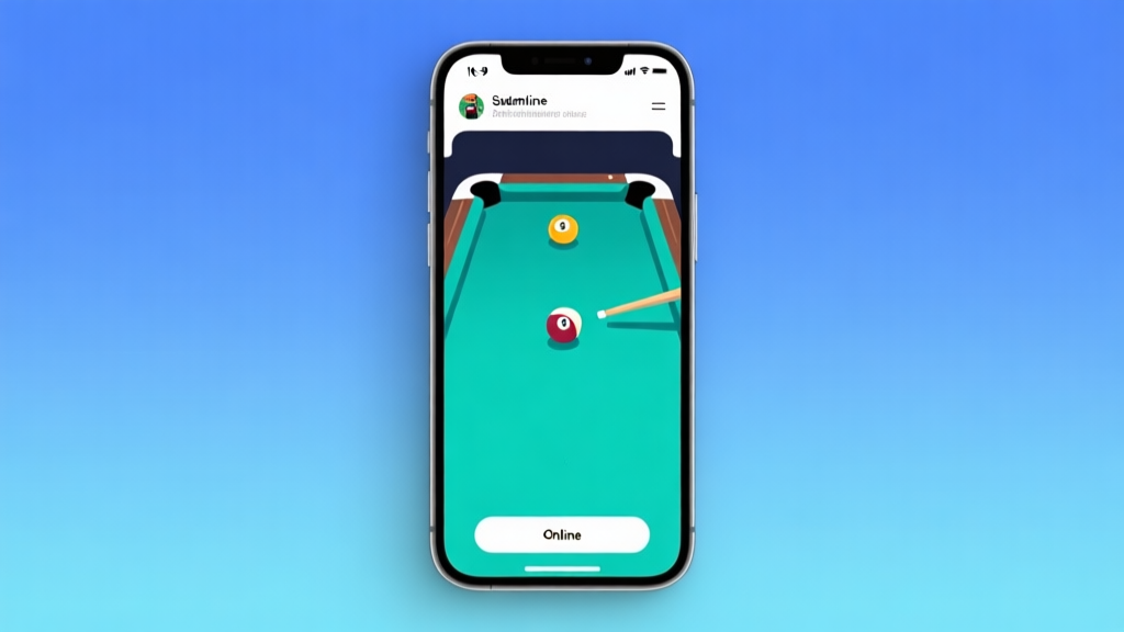 Ilustrasi minimalis layar ponsel dengan antarmuka game biliar online yang sederhana, skema warna biru muda dan hijau toska, desain bersih, gaya ilustrasi digital modern high quality illustration, detailed, 16:9