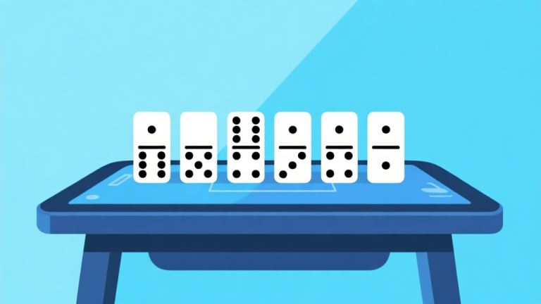 自动生成图片: Ilustrasi minimalis kartu domino berjajar di atas meja digital dengan latar belakang biru muda yang bersih, menunjukkan konsep permainan online yang sederhana dan modern high quality illustration, detailed, 16:9