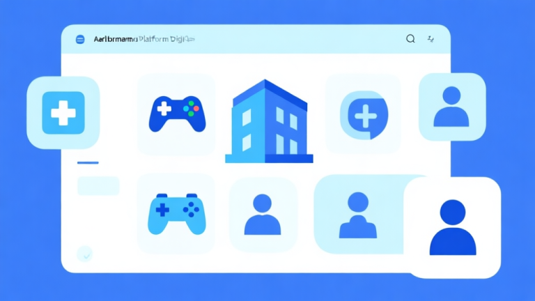 自动生成图片: Ilustrasi minimalis antarmuka platform digital dengan ikon-ikon beragam seperti gamepad, bangunan, dan orang, skema warna biru muda dan putih, desain bersih, gaya infografis modern high quality illustration, detailed, 16:9