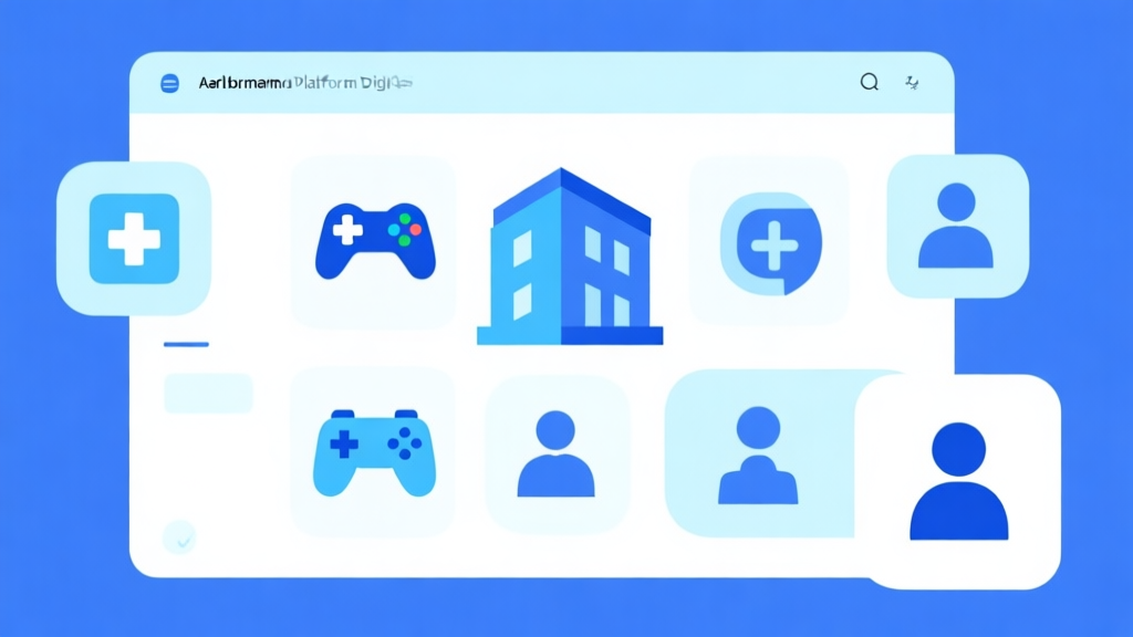 Ilustrasi minimalis antarmuka platform digital dengan ikon-ikon beragam seperti gamepad, bangunan, dan orang, skema warna biru muda dan putih, desain bersih, gaya infografis modern high quality illustration, detailed, 16:9