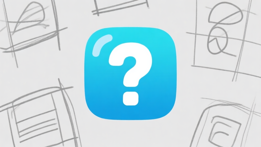 Ilustrasi minimalis layar game Skribbl.io dengan ikon tanda tanya besar di tengah dan beberapa garis sketsa sederhana di sekitarnya, skema warna biru muda dan abu-abu, gaya desain bersih high quality illustration, detailed, 16:9