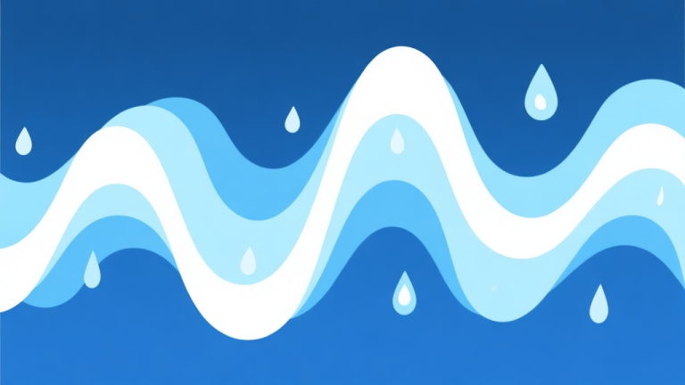 自动生成图片: Ilustrasi abstrak gelombang suara yang halus dan tetesan air, skema warna biru muda dan putih, desain minimal bersih, menggambarkan konsep audio yang menenangkan high quality illustration, detailed, 16:9