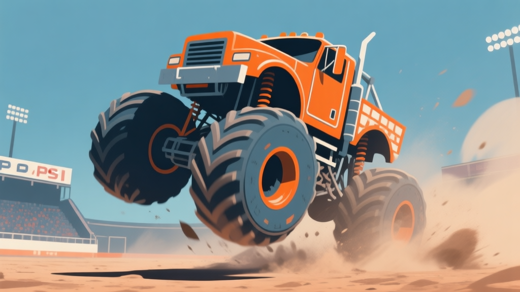 Ilustrasi minimalis dari truk monster besar dengan roda raksasa, melompat di atas arena berdebu, skema warna oranye dan biru tua, gaya seni game PS2 klasik, komposisi dinamis high quality illustration, detailed, 16:9