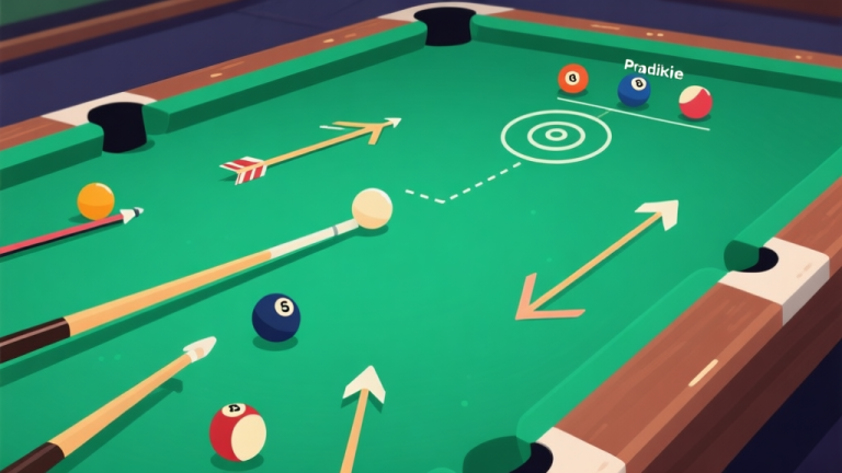 自动生成图片: Ilustrasi layar game billiard online yang menunjukkan berbagai jenis tanda panah (panah arah pukulan, garis prediksi, dan indikator spin) di atas meja hijau, dengan desain minimalis dan warna yang jelas untuk pemahaman visual high quality illustration, detailed, 16:9