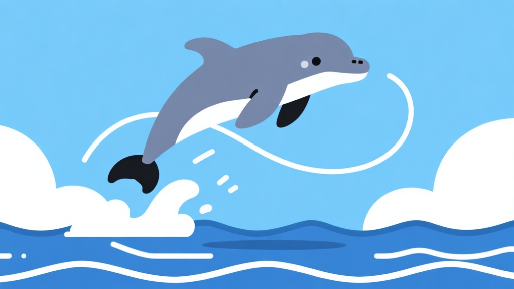 Ilustrasi minimalis lumba-lumba sedang melompat di atas gelombang laut, dengan garis lintasan melengkung di udara, skema warna biru laut dan putih, desain bersih, gaya game klasik high quality illustration, detailed, 16:9