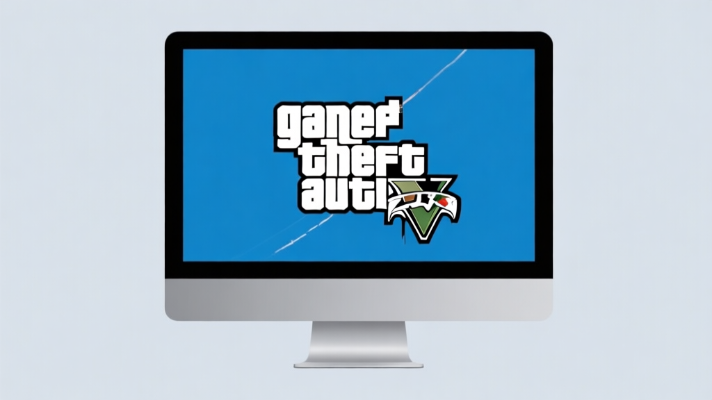 Ilustrasi layar komputer dengan ikon game GTA 5 yang membeku atau error, ditampilkan dengan gaya minimalis, skema warna biru dan abu-abu, desain bersih yang mencerminkan masalah teknis high quality illustration, detailed, 16:9