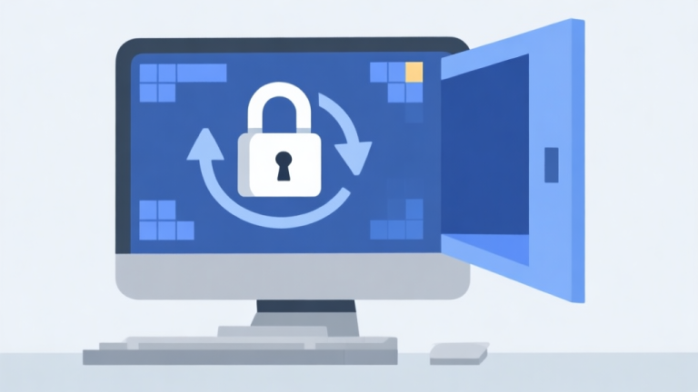 自动生成图片: Ilustrasi grafis minimalis yang menunjukkan ikon gembok terkunci di depan layar komputer dengan game blocky, dan panah yang memutari gembok menuju layar yang terbuka. Skema warna biru dan abu-abu muda, desain bersih dan sederhana. high quality illustration, detailed, 16:9