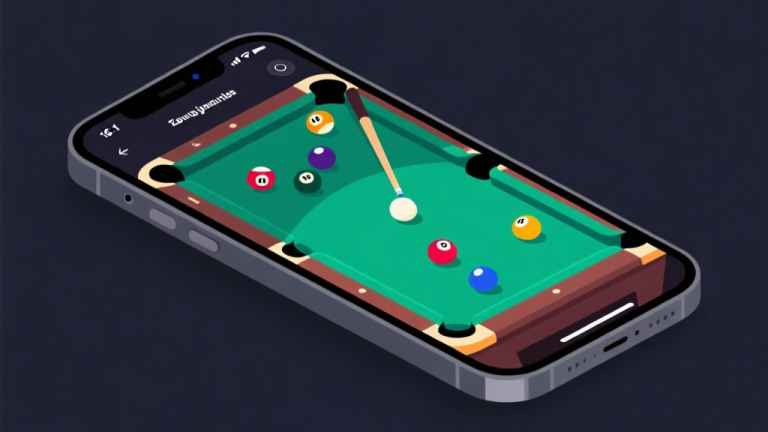 自动生成图片: Ilustrasi layar ponsel dengan antarmuka permainan biliar digital yang bersih, menunjukkan tongkat biliar virtual dan bola-bola berwarna, dengan latar belakang minimalis berwarna gelap, gaya ilustrasi digital yang modern high quality illustration, detailed, 16:9