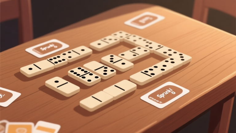 自动生成图片: Ilustrasi minimalis kartu domino Sprunki Phase 10 yang tersusun rapi di atas meja kayu, dengan sorotan pada beberapa kombinasi seperti set dan run, warna tanah, desain bersih high quality illustration, detailed, 16:9