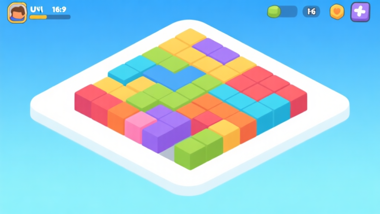 自动生成图片: Ilustrasi antarmuka game puzzle strategi dengan blok warna-warni yang tersusun rapi, latar belakang biru muda dan putih, desain minimalis yang bersih, gaya UI game modern high quality illustration, detailed, 16:9