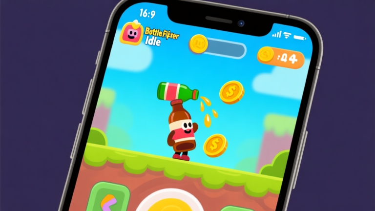 自动生成图片: Ilustrasi layar ponsel dengan game Bottle Flipper Idle yang sedang berjalan, menunjukkan karakter kecil sedang memantulkan botol dan koin berjatuhan, dengan desain warna-warni dan gaya kartun yang bersih high quality illustration, detailed, 16:9
