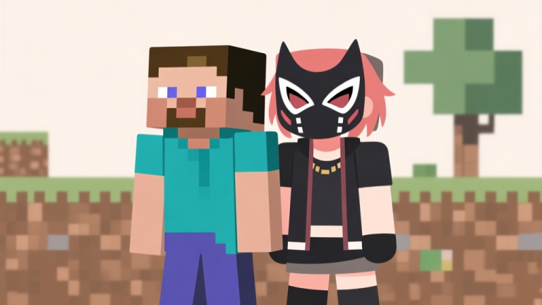 自动生成图片: Ilustrasi minimalis dua karakter Minecraft berdampingan, satu dengan skin default dan satu dengan skin masker keren bergaya anime, latar belakang blok tanah dan pohon sederhana, warna soft dan clean, gaya flat design high quality illustration, detailed, 16:9