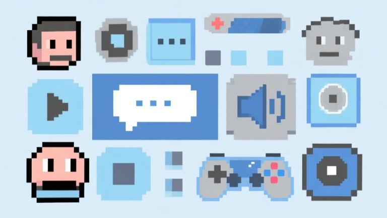 自动生成图片: Ilustrasi abstrak dari berbagai elemen game seperti karakter piksel, kotak dialog, dan ikon speaker yang menyatu dalam satu komposisi, skema warna pastel biru dan abu-abu, gaya minimalis bersih, konsep konten digital high quality illustration, detailed, 16:9