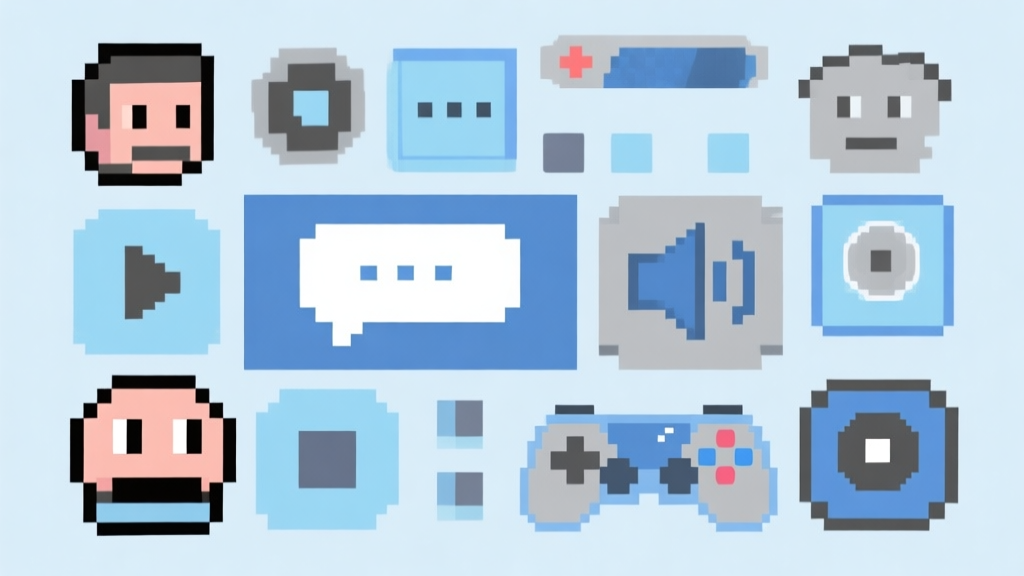 Ilustrasi abstrak dari berbagai elemen game seperti karakter piksel, kotak dialog, dan ikon speaker yang menyatu dalam satu komposisi, skema warna pastel biru dan abu-abu, gaya minimalis bersih, konsep konten digital high quality illustration, detailed, 16:9