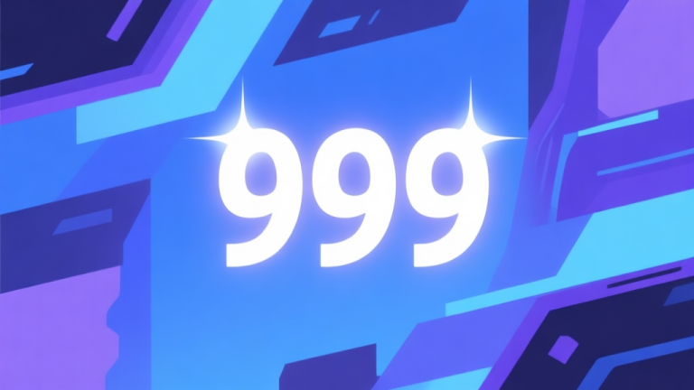自动生成图片: Ilustrasi minimalis dengan angka 999 yang bersinar di latar belakang abstrak bergaya digital, skema warna biru dan ungu lembut, desain bersih yang mencerminkan misteri dan pencapaian dalam game high quality illustration, detailed, 16:9