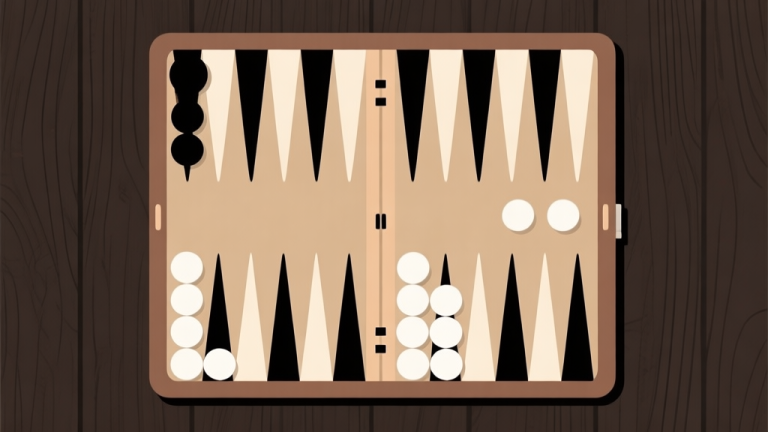 自动生成图片: Ilustrasi minimalis papan backgammon dengan bidak hitam dan putih di posisi awal, latar belakang kayu gelap, desain bersih dan informatif, gaya diagram edukasi high quality illustration, detailed, 16:9