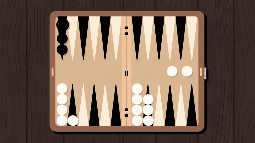 Ilustrasi minimalis papan backgammon dengan bidak hitam dan putih di posisi awal, latar belakang kayu gelap, desain bersih dan informatif, gaya diagram edukasi high quality illustration, detailed, 16:9