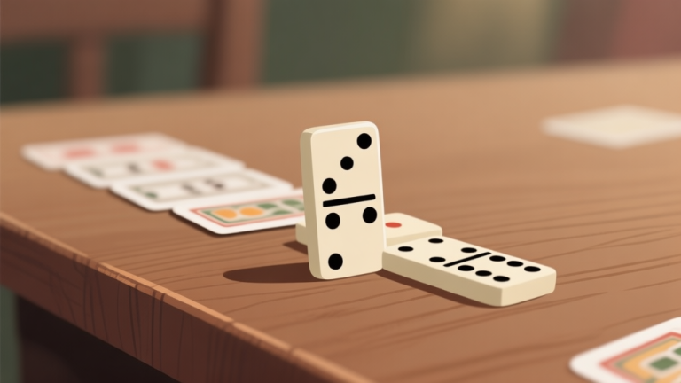 自动生成图片: Ilustrasi minimalis beberapa kartu domino gaple berjajar di atas meja kayu, dengan satu kartu disorot, latar belakang blur, nuansa permainan strategi yang tenang, skema warna earth tone yang soft high quality illustration, detailed, 16:9