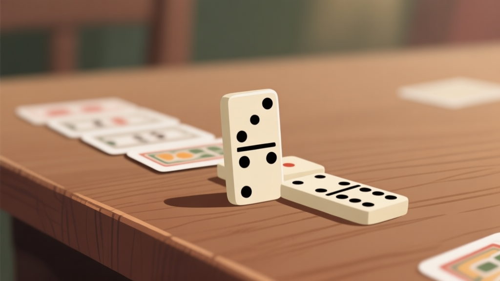 Ilustrasi minimalis beberapa kartu domino gaple berjajar di atas meja kayu, dengan satu kartu disorot, latar belakang blur, nuansa permainan strategi yang tenang, skema warna earth tone yang soft high quality illustration, detailed, 16:9