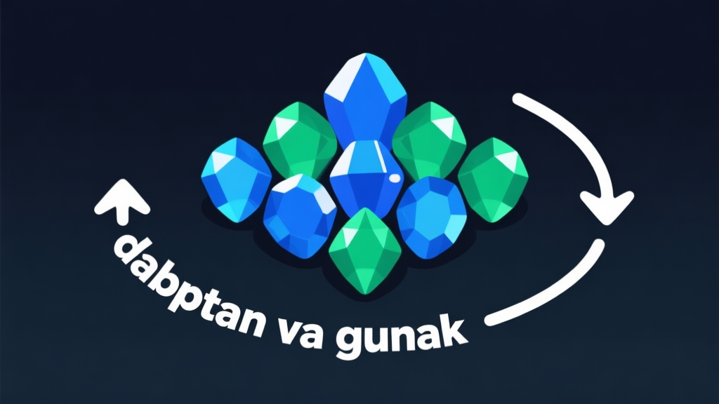 Ilustrasi minimalis kumpulan batu permata berwarna biru dan hijau (gem) yang tersusun rapi di atas latar belakang gelap, dengan panah melingkar yang menunjukkan siklus "dapatkan dan gunakan", gaya desain bersih untuk konsep game mobile high quality illustration, detailed, 16:9