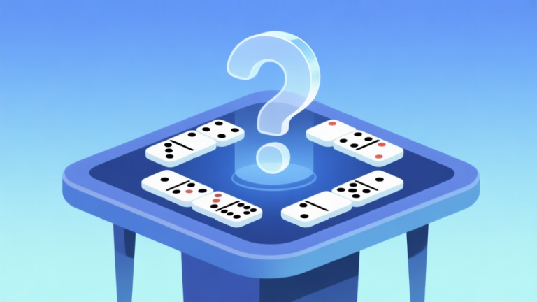 自动生成图片: Ilustrasi minimalis kartu domino Gaple yang tersusun rapi di atas meja digital dengan latar belakang soft gradient biru muda, simbol tanda tanya besar transparan di tengahnya, gaya clean dan profesional high quality illustration, detailed, 16:9
