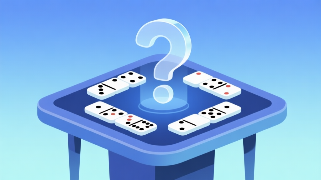 Ilustrasi minimalis kartu domino Gaple yang tersusun rapi di atas meja digital dengan latar belakang soft gradient biru muda, simbol tanda tanya besar transparan di tengahnya, gaya clean dan profesional high quality illustration, detailed, 16:9