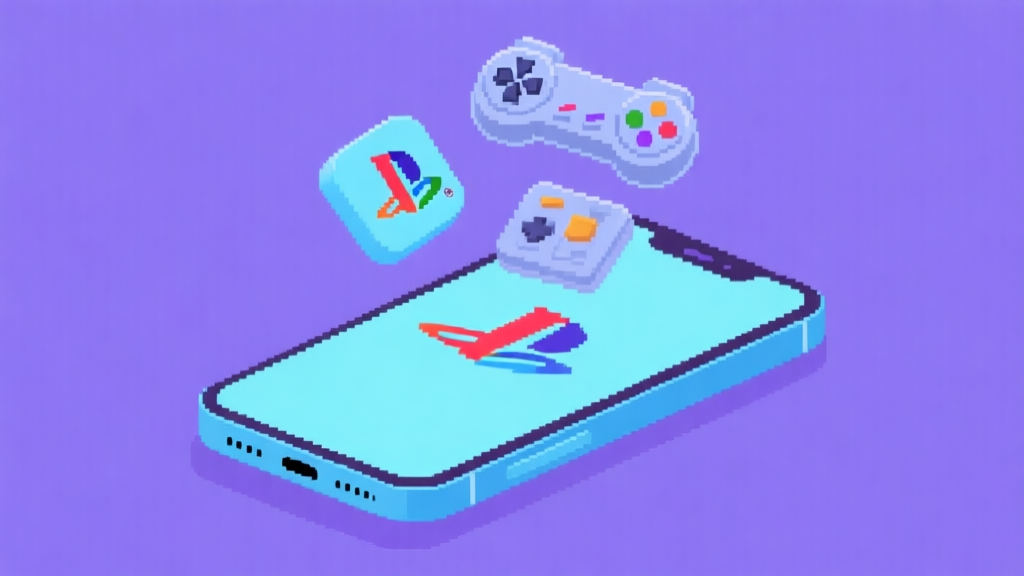Ilustrasi minimalis beberapa ikon game PlayStation 1 bergaya retro melayang di atas layar ponsel modern, dengan skema warna biru muda dan ungu, nuansa nostalgia digital high quality illustration, detailed, 16:9