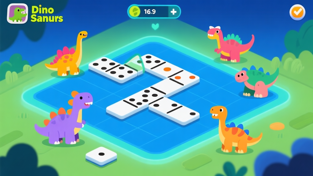 Ilustrasi antarmuka game Dino Saurus yang menunjukkan papan domino virtual dengan ikon karakter dinosaurus kartun yang berwarna-warni di sekitarnya, gaya desain clean dan modern, skema warna biru dan hijau dominan high quality illustration, detailed, 16:9
