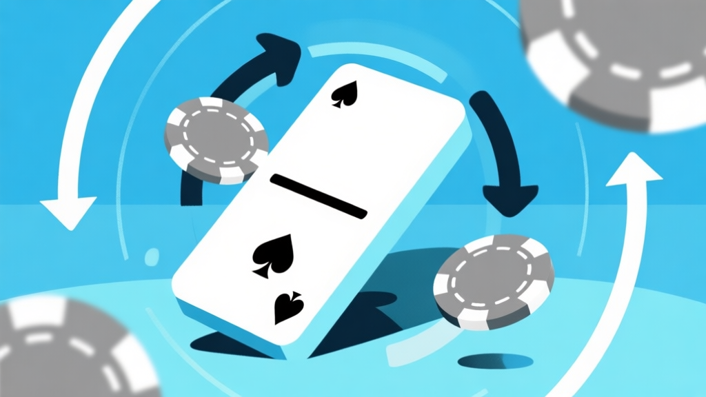 Ilustrasi abstrak dari domino gaple yang jatuh seperti chip, dengan panah siklus berputar di sekitarnya, skema warna biru muda dan abu-abu, desain minimal bersih, gaya infografis psikologi high quality illustration, detailed, 16:9