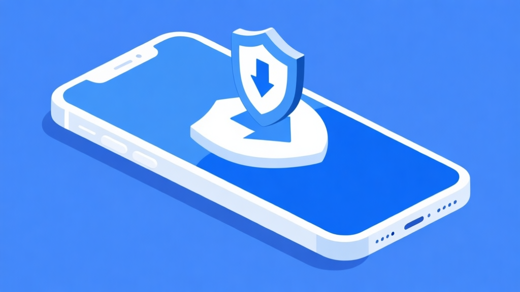 Ilustrasi layar smartphone dengan ikon download dan perisai keamanan di atasnya, skema warna biru dan putih, desain minimalis bersih, gaya infografis digital high quality illustration, detailed, 16:9