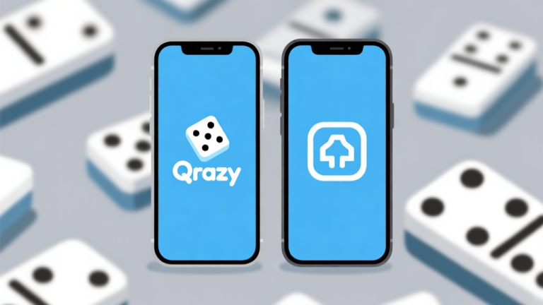 自动生成图片: Ilustrasi grafis minimalis yang menunjukkan dua ponsel pintar berdampingan dengan layar berbeda, satu menampilkan ikon domino dan logo "Qrazy", lainnya menampilkan ikon platform game umum. Skema warna biru muda dan abu-abu, desain bersih, latar belakang blur dengan ubin domino tersebar high quality illustration, detailed, 16:9